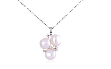 A CULTURED PEARL AND DIAMOND PENDANT ON CHAIN BY MIKIMOTO