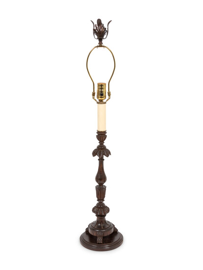 A Carved Mahogany Candlestick Mounted as a Lamp