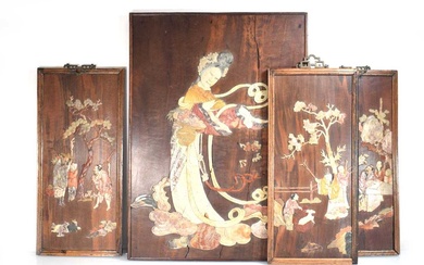 A Chinese Export panel decorated with figures inlaid with hardstones,...