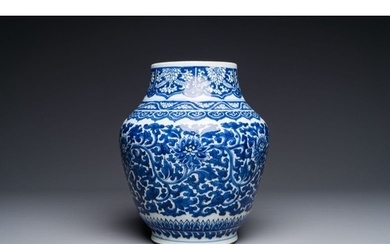 A Chinese blue and white 'lotus scroll' vase, Transitional p...