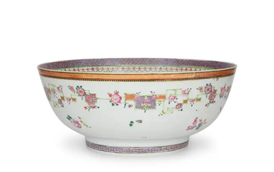 A Chinese export famille rose punch bowl Qing dynasty, 18th century Painted...