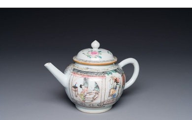 A Chinese famille rose teapot with court ladies and children...