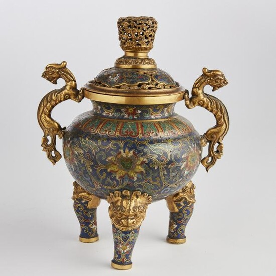 A Chinese gilt metal and cloisonne enamel censer