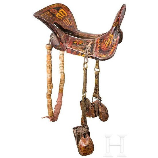 A Chinese painted saddle with stirrups, 19th century