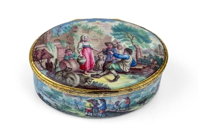 A Continental gilt-brass mounted enamel box, probably German, late 18th century, of oval form, the cover, sides and underside decorated with figures in landscape settings, the interior cover with a domestic scene of a mother nursing a baby and a...