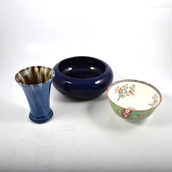 A Doulton blue glazed bowl, Brannham vase, Coalport bowl.