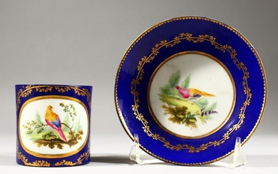 A FINE 19TH CENTURY SEVRES CUP AND SAUCER, rich blue