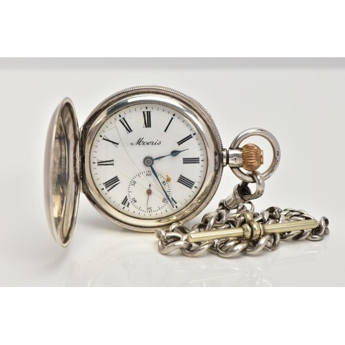 A FULL HUNTER POCKET WATCH WITH ALBERT CHAIN, round white di...
