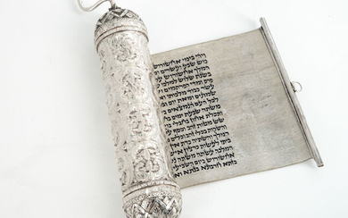 A Fine Balkan Silver Ester Scroll Case with Original Scroll on Parchment, 19th Century