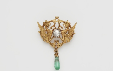A French Art Nouveau 18k gold diamond griffon pendant brooch.