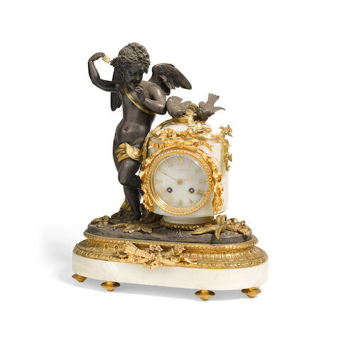 A French Gilt and Patinated Bronze, Gilt Metal, and Onyx Figural Clock