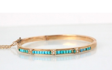 A French yellow gold and turquoise set bangle, the central p...