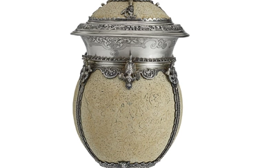 A GERMAN SILVER-MOUNTED OSTRICH EGG AND COVER CIRCA 1880