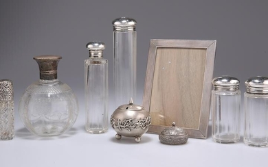 A GROUP OF SILVER, including silver-topped jars