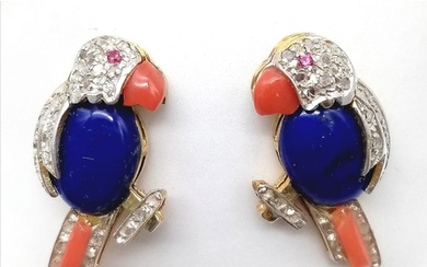 A Glorious Pair of 18K Gold, Lapis, Ruby, Coral and Diamond ...