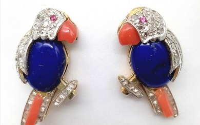 A Glorious Pair of 18K Gold, Lapis, Ruby, Coral...