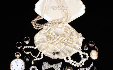 A Group of Costume Jewellery: A Gentleman's Gold Plated Pocket Watch. A three strand faux pearl neck