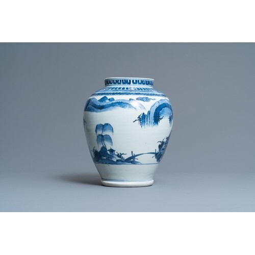 A Japanese blue and white Arita vase with a landscape, Edo, ...