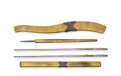 A Japanese trousse eating set Meiji period Comprising pair of chopsticks cast...