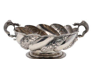 A LATE VICTORIAN TWO-HANDLED SILVER BOWL. shaped circular ou...