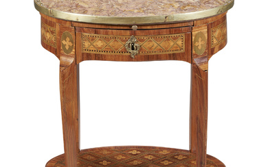 A LOUIS XVI ORMOLU-MOUNTED TULIPWOOD AND PARQUETRY TABLE EN CHIFFONNIERE...