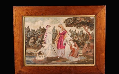 A Large Early 19th Century Silk-work Picture in a glazed rosewood frame. The allegory of Moses in th