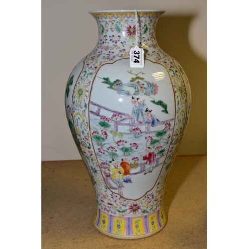 A MODERN CHINESE FAMILLE ROSE BALUSTER VASE, painted with fo...