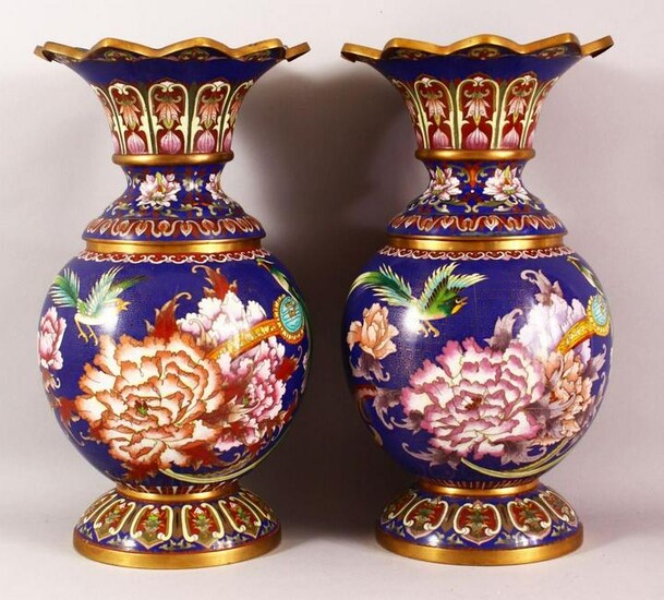 A PAIR OF CHINESE CLOISONNE VASES - with a deep royal