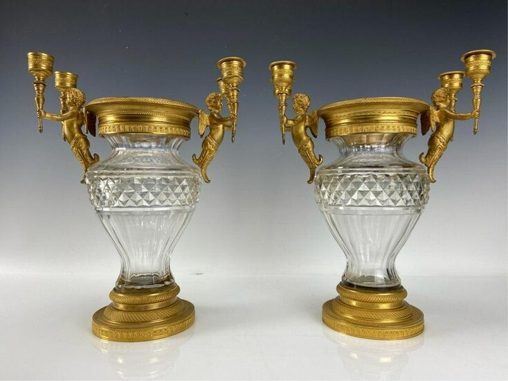 A PAIR OF EMPIRE STYLE DORE BRONZE AND BACCARAT VASES