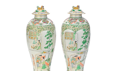 A PAIR OF FAMILLE ROSE BALUSTER VASES AND COVERS 19th...