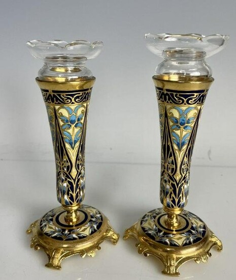 A PAIR OF FRENCH CHAMPLEVE ENAMEL & CRYSTAL VASES