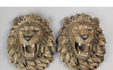 A PAIR OF LATE 20TH CENTURY LION HEAD WALL PLAQUES. Composit...