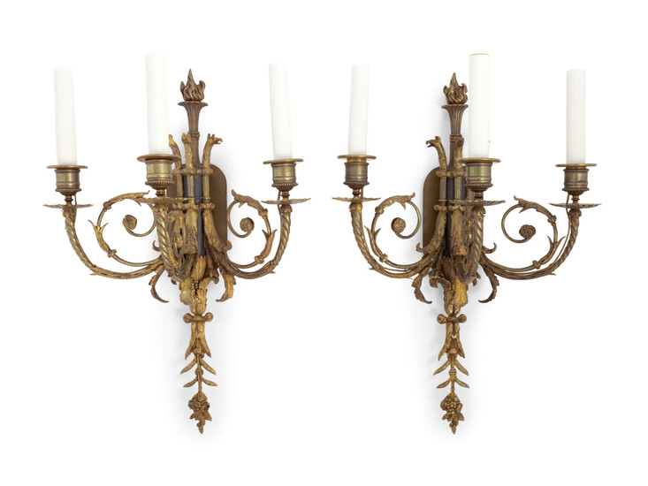 A Pair of Louis XVI Style Gilt Bronze Three-Light Sconces