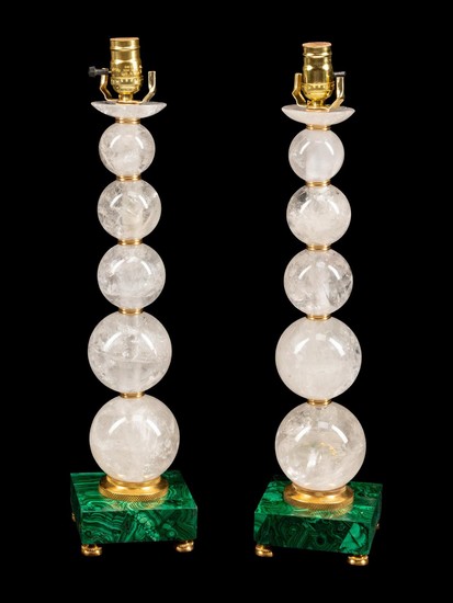 A Pair of Rock Crystal and Malachite Veneered Table Lamps