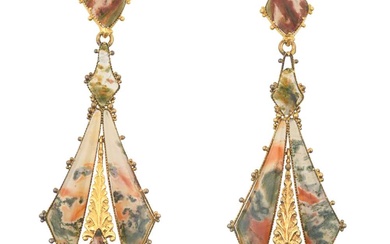 A Pair of Victorian Moss Agate Drop Earrings the vari-shaped...