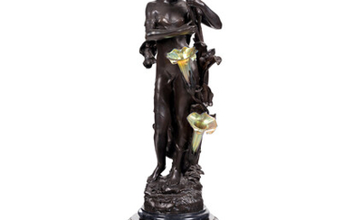 A Patinated Bronze Figural Lamp with Iridescent Glass Shades after Hippolyte François Moreau (French, 1832-1927)