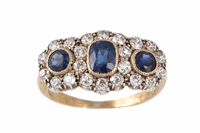 A SAPPHIRE AND DIAMOND TRIPLE CLUSTER RING, with sapphires o...