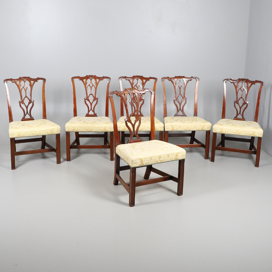 A SET OF SIX GEORGE III MAHOGANY CHIPPENDALE STYLE DINING CHAIRS.
