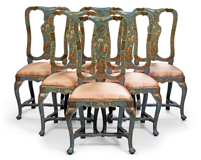 A SET OF SIX NORTH ITALIAN CHINOISERIE PARCEL-GILT, BLUE AND POLYCHROME-DECORATED 'LACCA' SIDE CHAIRS, VENETO, MID-18TH CENTURY