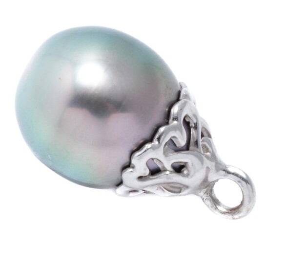 A TAHITIAN PEARL PENDANT; featuring a 9.1mm round slightly pear shape cultured pearl of good colour and lustre on an 18ct gold surmo...