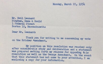 A Typed Letter Signed regarding the Bricker Amendment. With candid photo from 1961.