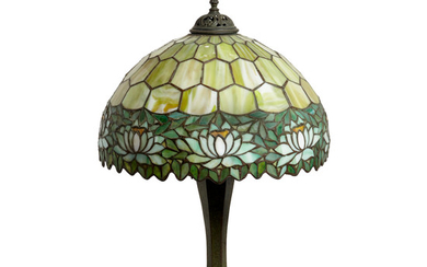 A Unique Art and Glass Company Leaded Glass and Patinated Metal Table Lamp