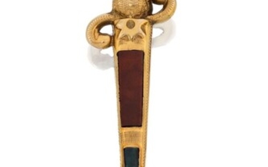A Victorian 9ct gold and hardstone dirk plaid brooch, the scabbard set with bloodstone and cornelian, to a faceted paste finial, Edinburgh hallmarks, 1894, inscribed Scotland, approx. length 7cm