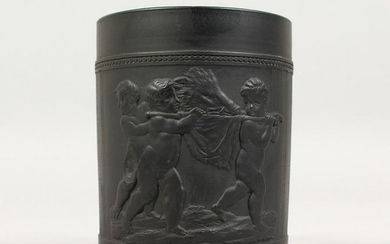 A WEDGWOOD BLACK BASALT MUG, with cupids carrying a