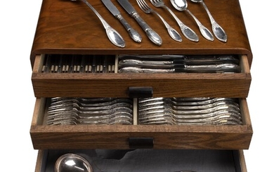 A collection of French silver flatware in wooden canteen