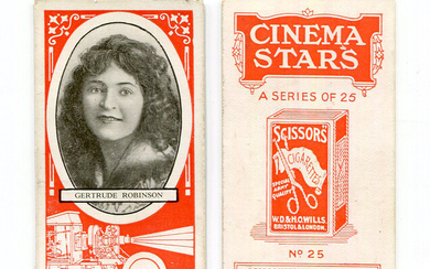 A collection of Wills Scissors cigarette cards in an album, including a set of 25 'Cinema Stars