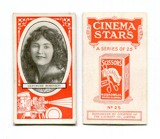 A collection of Wills Scissors cigarette cards in an album, including a set of 25 'Cinema Stars