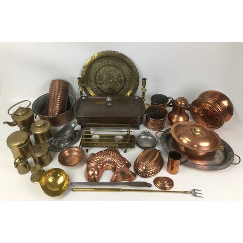 A collection of copper, brass, and metal wares, including fi...