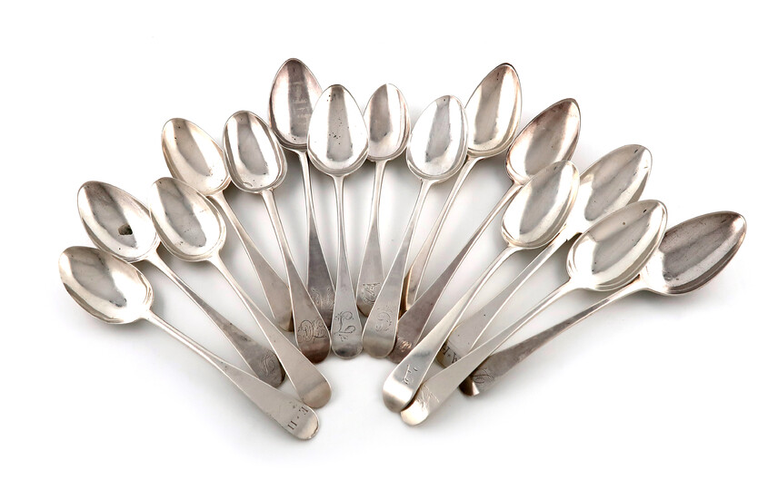 A collection of fifteen antique Newcastle silver Old English pattern tablespoons