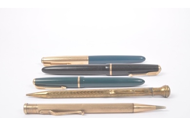A collection of five 20th Century pens to include a gold nib...